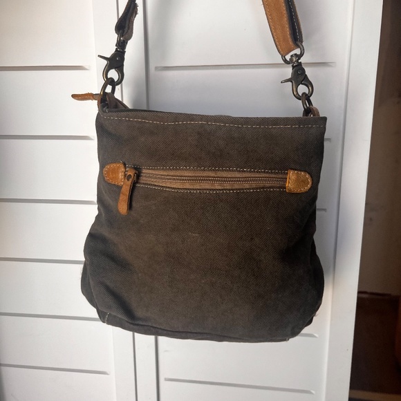 Myra Bag Azure Upcycled Canvas & Cowhide Leather Shoulder Bag NWOT - Picture 9 of 14